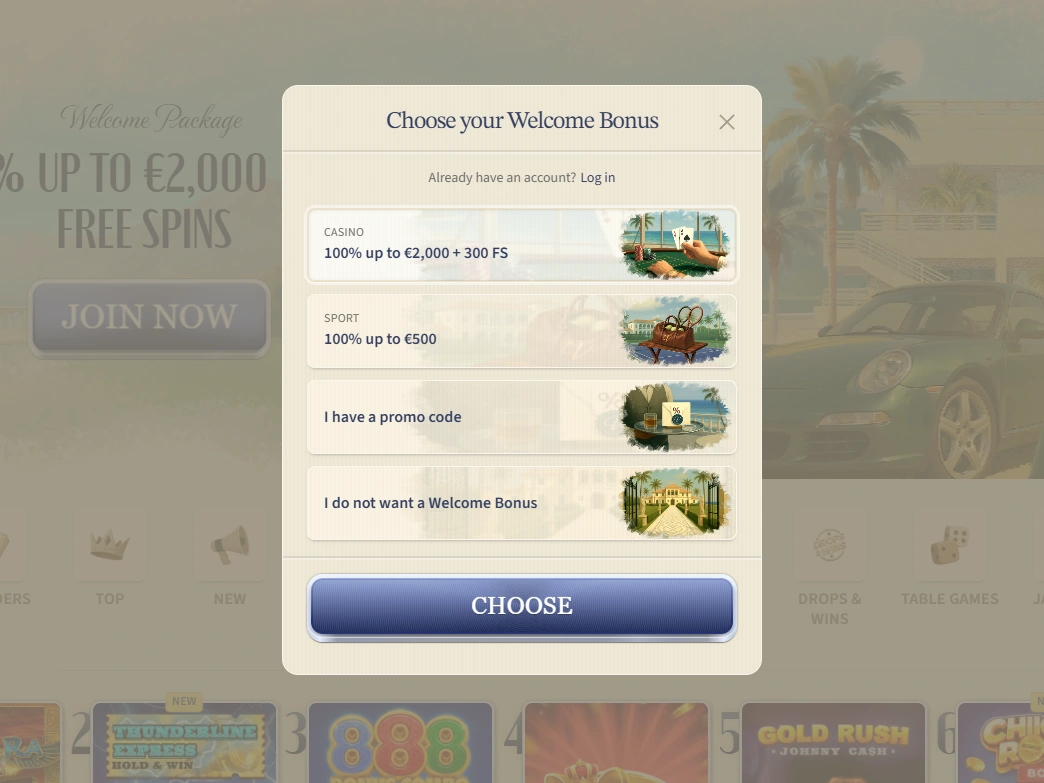 Finestra di selezione del bonus di benvenuto con offerte Casinò e Sport e pulsante CHOOSE